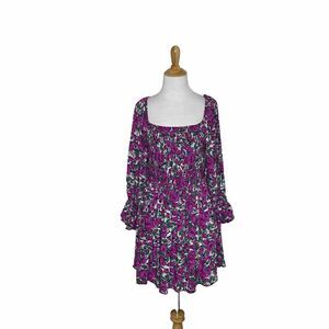 WLM Floral Purple White Balloon Sleeve Dress Womens Size Medium NWOT